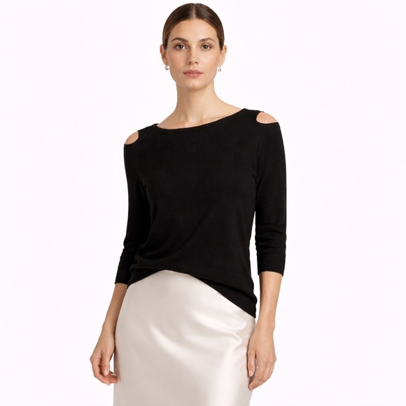 Eileen Fisher Tops - Eileen Fisher Black Cold Shoulder Knit Top Size SP